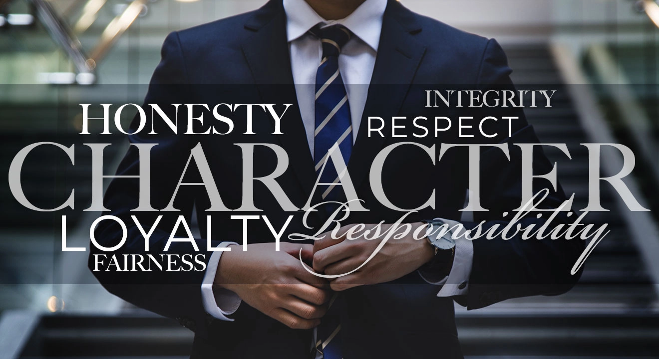 Word graphic centering on the word Character in front a a man in a business suit