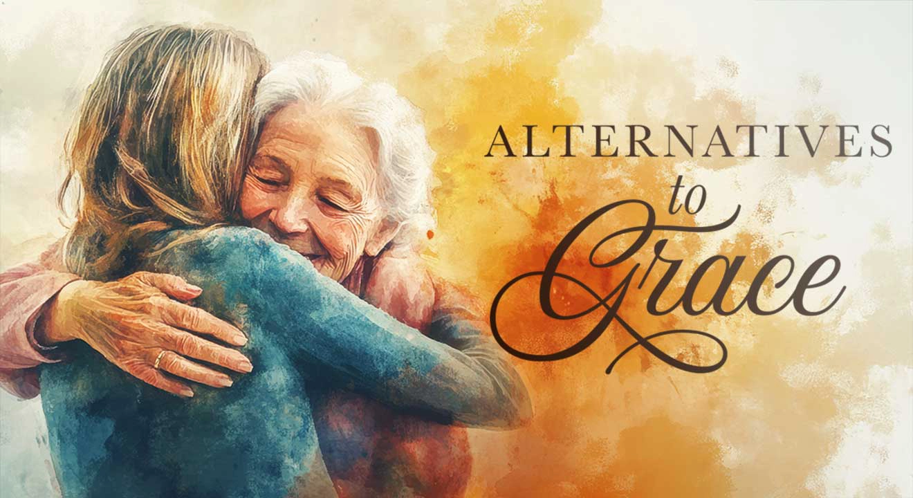 An elderly woman hugging a younger woman