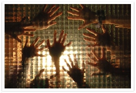 Many hands spread open above thick glass tiles