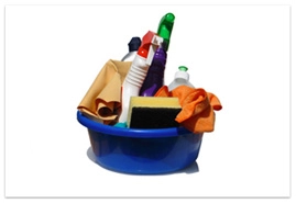 A bucket full of cleaning supplies