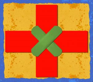Two band aids forming an 'x' over a red cross
