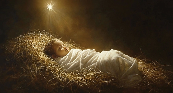 Baby Jesus sleeping in swaddling clothes in the hay with a star overhead