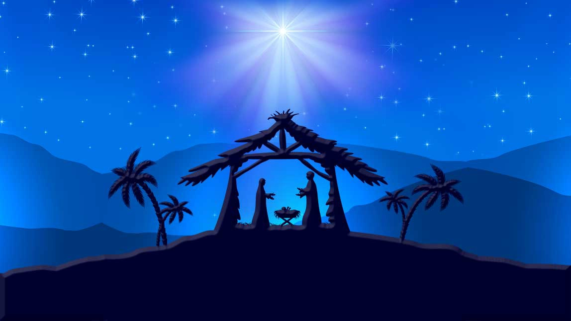 Silhouette of the manger with the parents standing over the Child