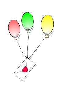 Three balloons tied to a letter sealed with a red heart