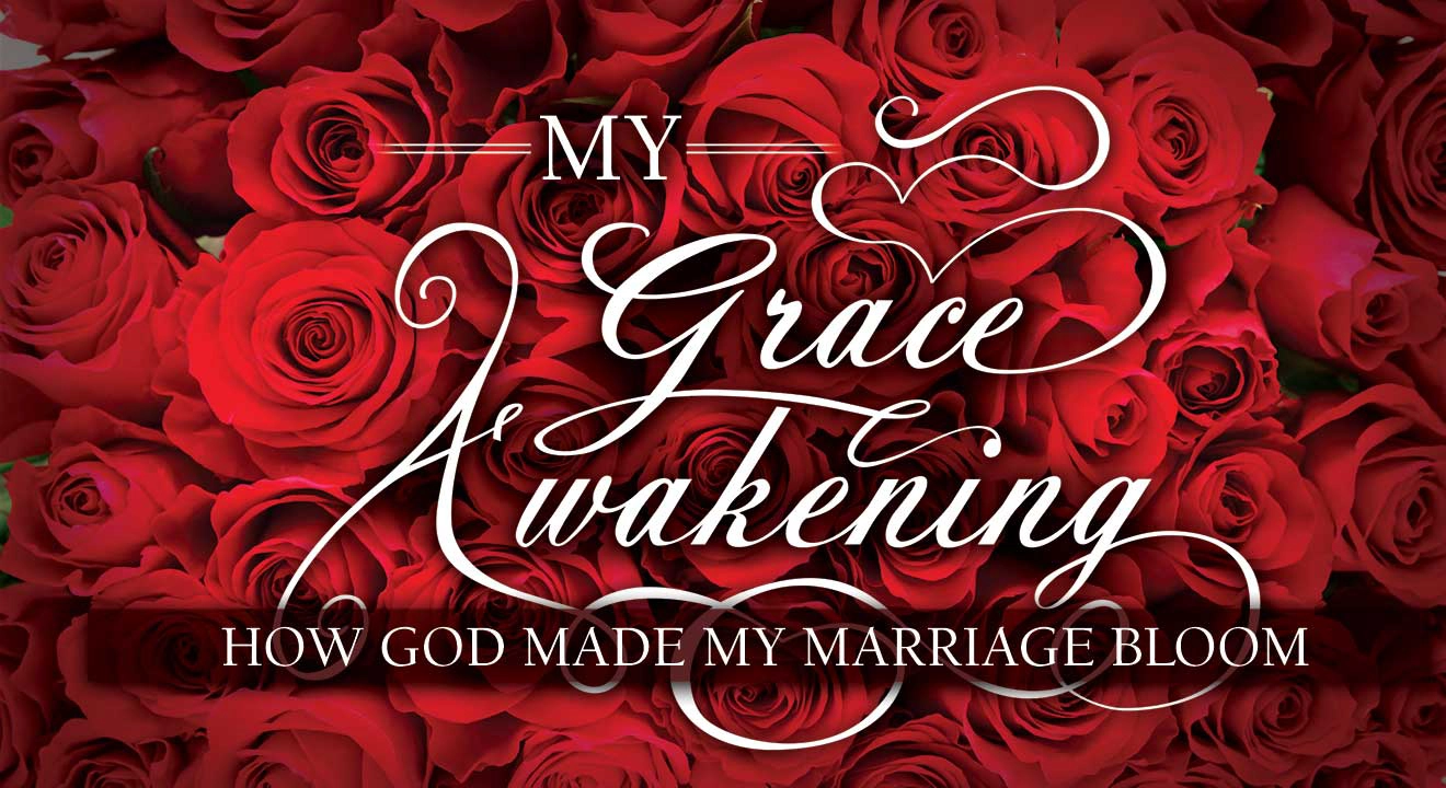 The words My Grace Awakening in front of red roses