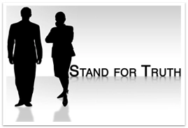 Two figures standing next to stand for truth words